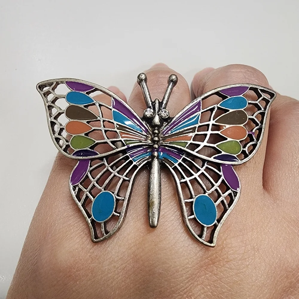 Art Nouveau Style Multi-Color Enamel & Silver Tone Filigree Butterfly Statement